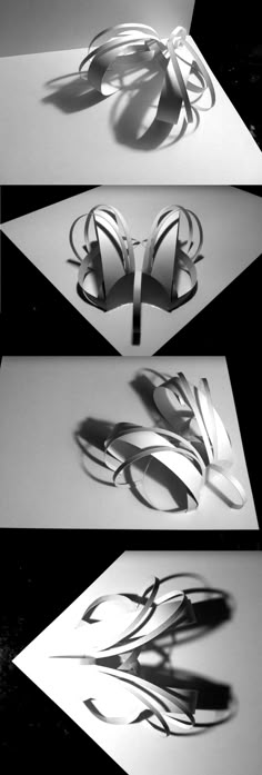 three different images of scissors and paper with shadows on the floor, in black and white