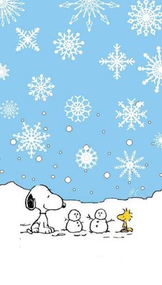 snoopy and his family are in the snow with snowflakes on the ground