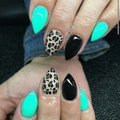 Stiletto nails are oval shaped nails that are more pointed than rounded at the tip, and are usually very long. They have been recently highlighted in the Stiletto Nails Short, Short Stiletto, Teal Nails, Long Stiletto Nails, Pointy Nails, Stiletto Nail Art, Stiletto Nails Designs, Her Nails, Leopard Nails