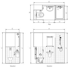 three bathroom drawings showing the size and layout of each room, with different toilet options