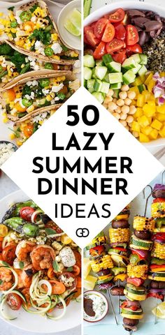 the cover of 50 lazy summer dinner ideas, including grilled vegetables and salads