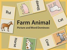 farm animal pictures and word dominoes are shown in this graphic file for children to learn