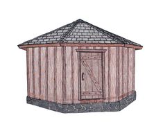 a drawing of a small building with a door on the outside and a roof on top