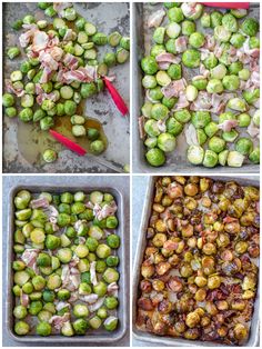 four images showing different stages of brussel sprouts being cooked in pans