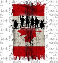 the silhouettes of soldiers in front of an american and canadian flag on a white background