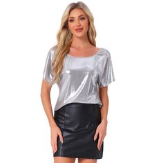 This Allegra K Metallic Top is crafted with a soft and stretchable sparkly fabric, offering a charming look. The off-the-shoulder design and short sleeves add a trendy touch to any outfit. The shimmer and glitter details make it perfect for a variety of occasions, from parties to night outs. This blouse complements the style of women who love to shine. The loose fit ensures comfort, while the metallic fabric adds a touch of glamour. Suitable for after-work parties, clubs, discos, and gatherings, Sparkly Blouse, Metallic Tops, Tops Off Shoulder, Sparkly Fabric, Womens Cosplay, Boat Neck Blouse, Party Blouse, Metallic Party, Halloween Long Sleeve