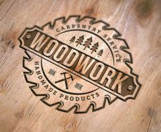 the woodwork logo is engraved on a wooden surface