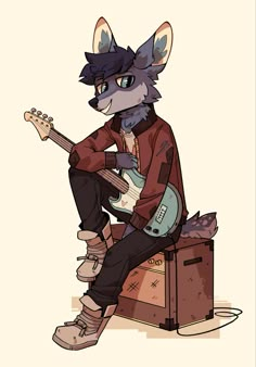 an animal with a guitar sitting on top of a suitcase