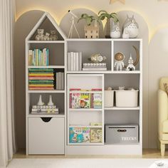 a white book shelf filled with lots of books and toy animals on top of it