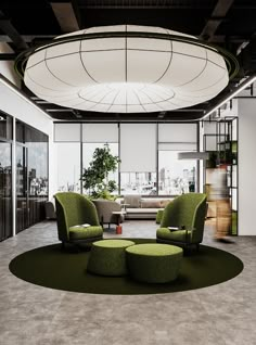 an office lobby with green chairs and round ottomans