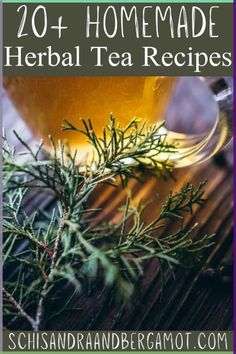 a cup of tea with rosemary on top and the words, 20 homemade herb tea recipes