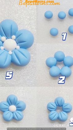 the instructions for making fondant flowers are shown in blue and white, with numbers below them