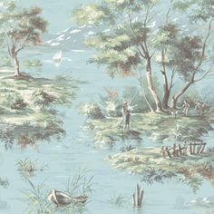 an image of a wallpaper with ducks and people in the water near trees, grass and birds