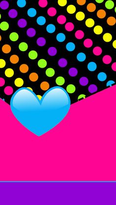 an envelope with a blue heart in the center and colorful dots around it on a black background