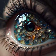 an eye is shown with many different colored glass pieces on the iris's lens