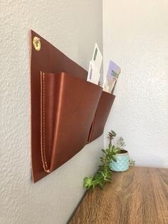 a brown leather pocket hanging on the wall next to a potted plant and money