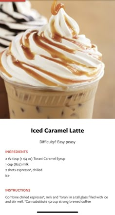 the menu for iced caramel latte