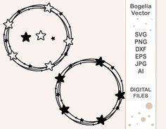 two black and white circular frames with stars on them, one is in the shape of a circle