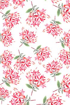 watercolor painting of red flowers and green leaves on white background, seamless pattern