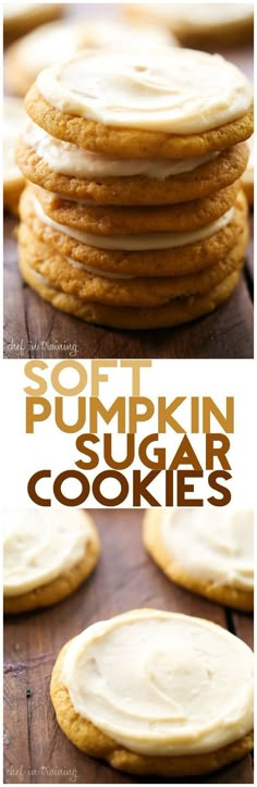 soft pumpkin sugar cookies are stacked on top of each other with the words, soft pumpkin sugar cookies