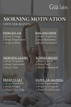 Rise and shine with a burst of energy! 🌅 Diffuse our Morning Motivation blends to kickstart your day and fuel your ambitions. 💪 #MorningRoutine  #GyaLabs #UpliftYourEveryday #essentialoils #summerseason #amazing #soulwisdom #Julyvibes #summer  #summervibes #abundance #abundancemindset #miracles #blessings #inspiration #NaturalCare #HealthyLiving #EssentialOils #woman Morning Energy, Eo Blends, Essential Oil Perfumes Recipes, Perfume Recipes