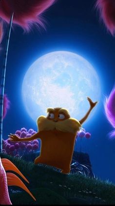 an animated character is standing in front of a full moon with his arms up and legs spread out