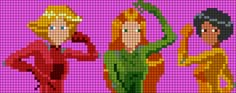 three pixelated characters are standing in front of a pink background, one is holding a green plant