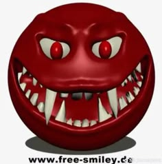 an evil looking red ball with sharp teeth and big grin on it's face