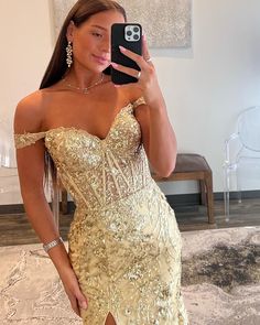 gold off the shoulder sequin lace mermaid formal dress with side slit Prom Dresses Long Pink, Prom Dresses Long Lace, Mermaid Prom Dress, Custom Dress, Prom Dresses For Sale, Stunning Gowns, Mermaid Evening Dresses