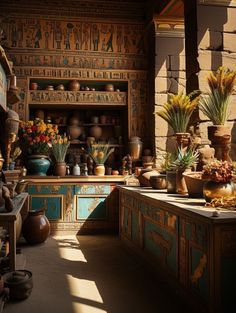 an image of a kitchen setting with pots and vases