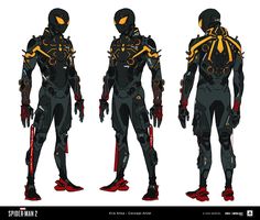 three different views of an alien man in black and yellow armor with red accents on his body