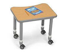 a wooden table with wheels and a book on top