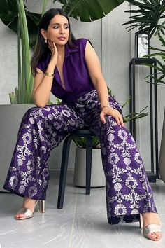 Buy Purple Silk Woven Floral Spread Collar Shirt And Brocade Pant For Women by Sobariko Online at Aza Fashions. Pant For Women, Long Gown Dress, Purple Pants, Ethnic Outfits, Purple Shirt, Purple Silk, Manish