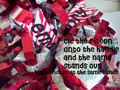 a bunch of red and silver confetti with a quote written on it that says, be the ribbon one the handle and the name stands out but not in the same