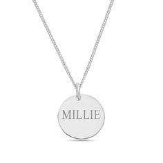 For the animal lover in your life, this personalized disc pendant is a sweet gift. Created in sterling silver, this round disc showcases an etched paw print along one side. The other gleams with a name or message - up to 10 characters in length - inscribed in an uppercase font. Buffed to a brilliant luster, this pendant suspends along an 18.0-inch curb chain that secures with a spring-ring clasp. Silver Engraved Charm Necklaces With Round Pendant, Classic Silver Hand Stamped Necklace, Silver Engraved Round Pendant Charm Necklaces, Classic Everyday Round Charm Necklace, White Gold Engraved Medallion Charm Necklace, Personalized Silver Round Disc Charm Necklace, Personalized Silver Round Disc Jewelry, Silver Round Disc Jewelry With Engraving Option, Silver Round Disc Charm Necklace For Personalized Gift