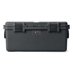 the yeti cooler is grey with black handles and latches on it's sides