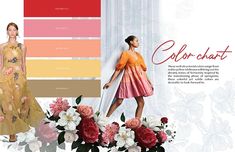 a woman in a dress with flowers on the bottom and color swatches below her