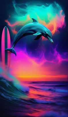 two dolphins are jumping out of the water with surfboards in front of them at sunset