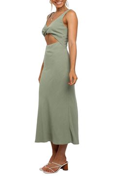 A linen-kissed dress serves extra sass with a revealing cutout centered out front. Hidden back-zip closure Deep V-neck Sleeveless Lined 80% viscose, 20% linen Hand wash, dry flat Imported Double M, Sage Green Dress, Petal And Pup, Resort Dresses, Essential Dress, Hook And Eye, Dresses By Length, Pullover Shirt, Midi Length Dress