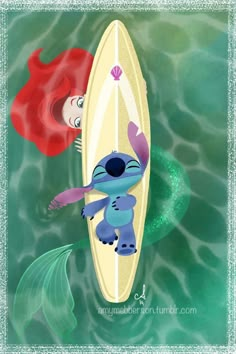 the little mermaid and her friend are riding on a surfboard in the water,