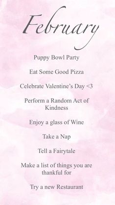 a pink and white menu with the words february written in cursive writing on it