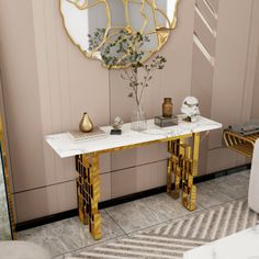 a white marble table with gold accents and a mirror on the wall in a living room