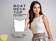 a woman wearing a crop top and skirt with the text boat neck top sewing pattern