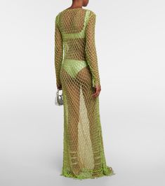 Beaded Fishnet Maxi Dress in Green - Self Portrait | Mytheresa Floor-length Beach Party Dress, Summer Maxi Mesh Dresses, Summer Mesh Maxi Dress, Summer Maxi Length Mesh Dresses, Spring Evening Mesh Maxi Dress, Spring Beach Mesh Maxi Dress, Sheer Mesh Dress For Beach Vacation, Summer Floor-length Mesh Maxi Dress, Summer Mesh Floor-length Maxi Dress