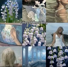 a collage of pictures with flowers and water in them, including the words lilies of the valley