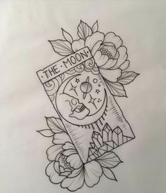 the moon tattoo design on paper with flowers