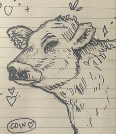 a drawing of a dog's head on lined notebook paper with hearts and arrows