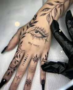 Dreadlocks Tattoo Design, Palmistry Tattoo Hands, Hand Tattoos On The Side, Snake Tattoo On Hand For Women, Witchy Filler Tattoo Ideas, Witchcraft Hand Tattoos, Eyes On Hand Tattoo, Traditional Finger Tattoos Women, Witchy Finger Tats