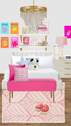 a bedroom with pink and white furniture, chandelier, rugs and pictures on the wall