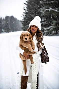 Winter Model Photoshoot, Puppy Photoshoot, How To Wear Cardigan, Winter White Outfit, Mia Mia Mine, Winter Puppy, Mia Mia, White Sweater Cardigan, Me And My Dog